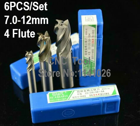 6 pcs/set 7.0~12.0mm 4 Flute Milling Cutter Aluminium End Mill Cutter CNC ,Lathe Tool,Equipment milling cutter rotary cutter