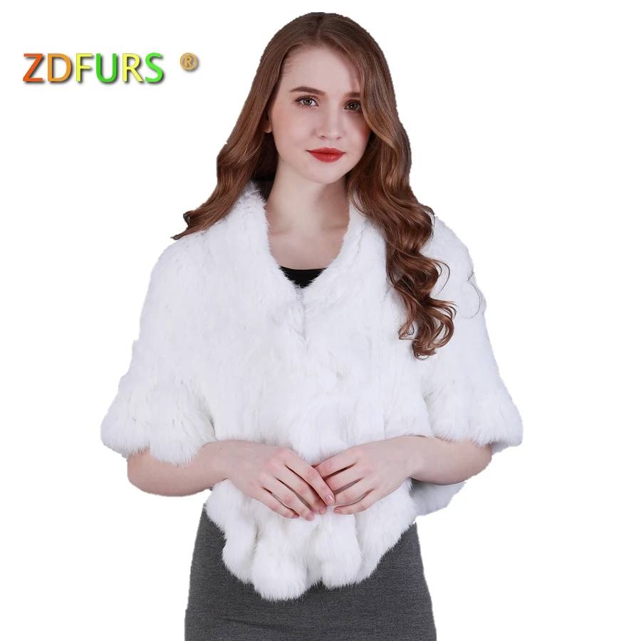 

ZDFURS * Handmade real knitted rabbit fur cape ruffle hem Women Genuine fur shawl Wrap cloak batwing stole ZDKR-165024