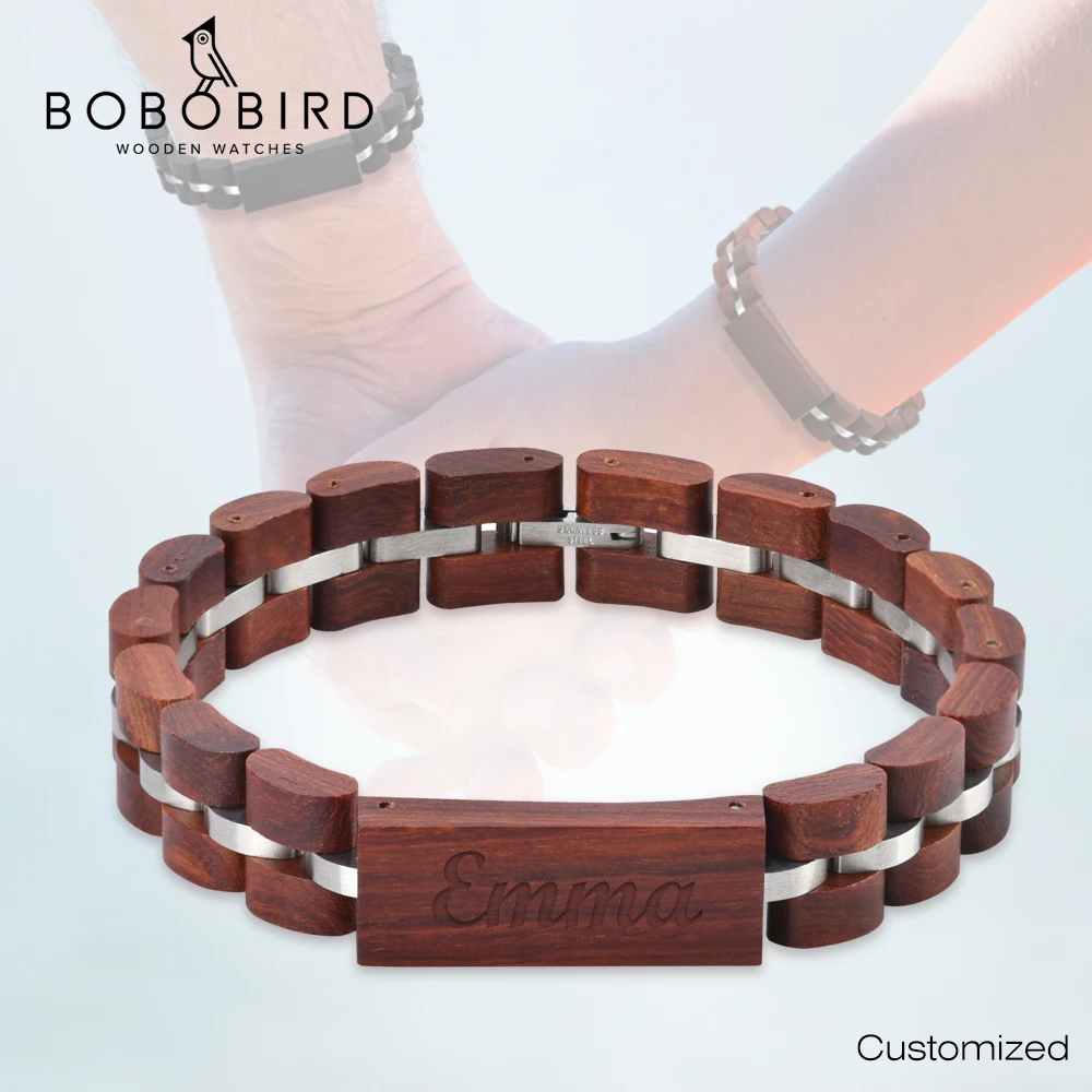 BOBO BIRD Wood Bracelet For Women Free Engraved name Men Bracelet Stainless Steel Bangle Anniversary Gift for Him pulseras mujer