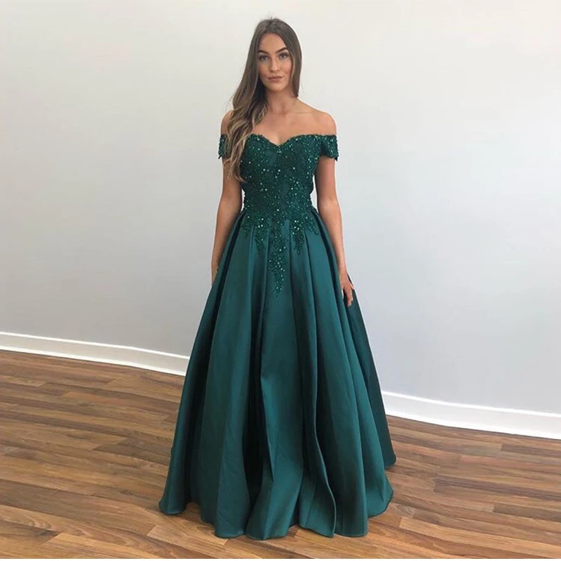 Off Shoulder Dark Green Prom Dresses Appliques Beading Long Formal Party Dresses A-line Draped Skirt Robe De Bal Custom Made