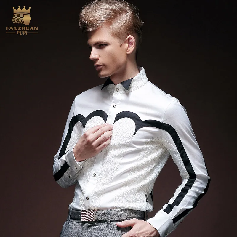 Fanzhuan Free Shipping New fashion casual male mens slim long sleeved Original design geometric stitching embroidery shirt 14265