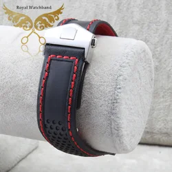 22mm New High Quality Stainless Steel Butterfly Buckle Red Stitched Black Genuine Leather Watch bands Strap For BRAND