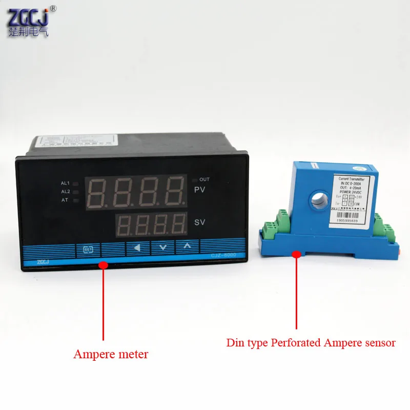 DC 50A,100A,,200A 300A DC ampere meter with high limit alarm and low limit alarm output with Perforated DC ampere sensor