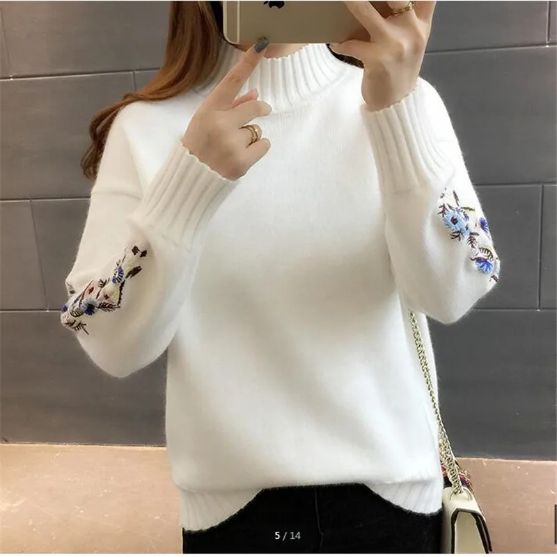 UHYTGF Fashion Women Sweaters 2023 Autumn Winter Sweater Woman Pullovers Flower Embroidered Turtleneck Knitt Sweater Long sleeve