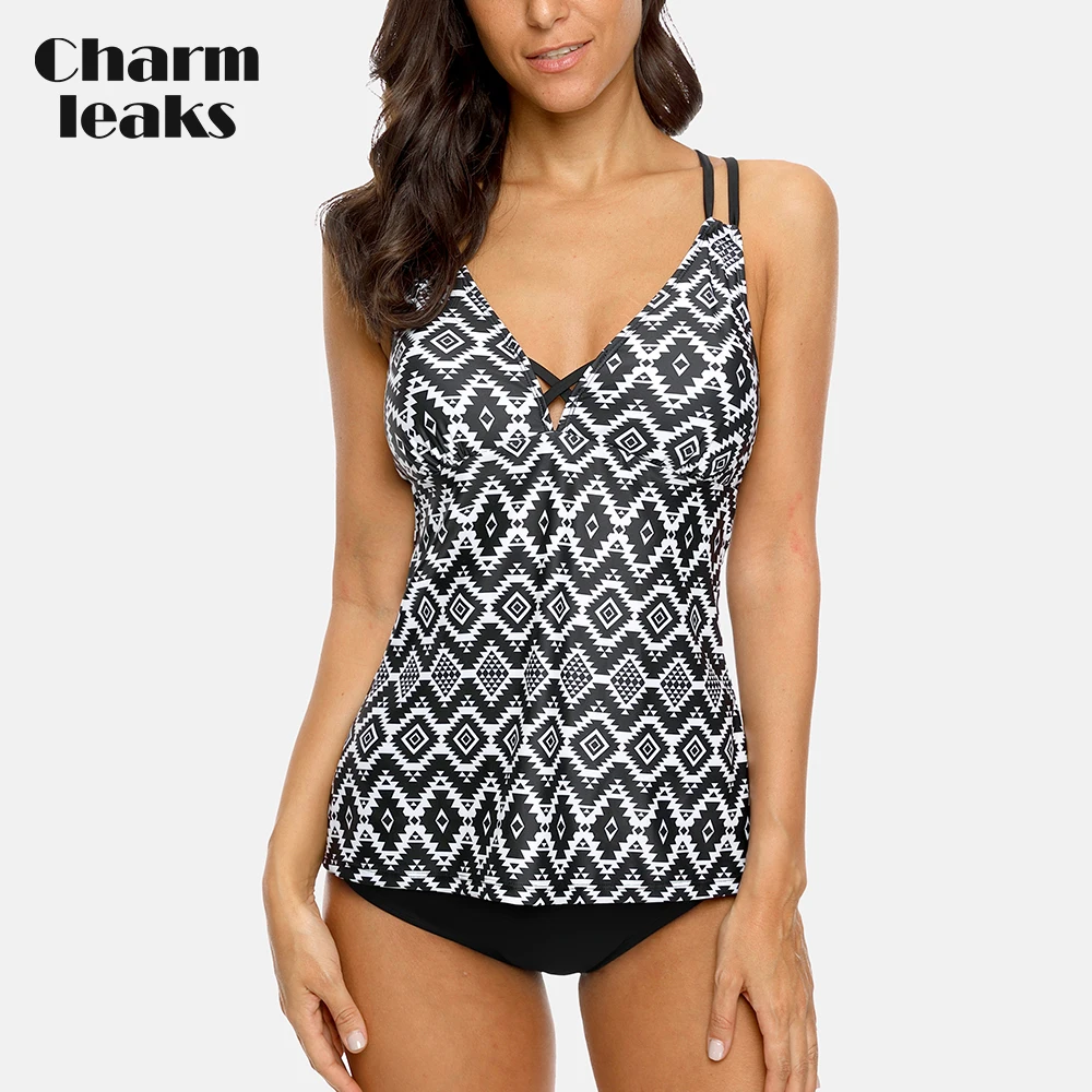 Charmleaks Womens Two Pieces Swimsuit Geometric Printed Swimwear Back Strappy Tankini Set Padded Sexy Bikini Beach Wear