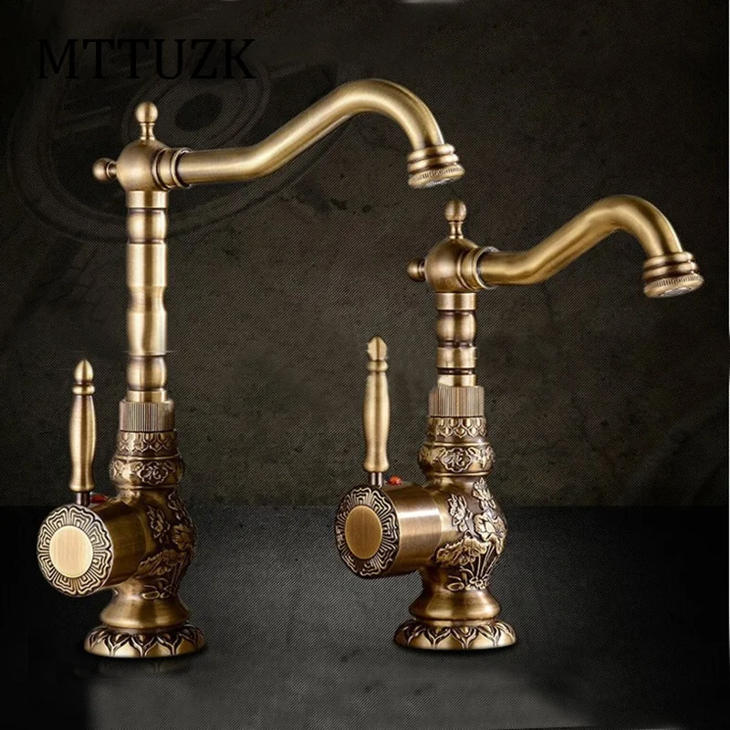 Vidric Deck Mounted Brushed Bronze Bathroom Faucet Basin Carved Faucet Antique Brass Hot and Cold Mixer tap 360 degree rotating