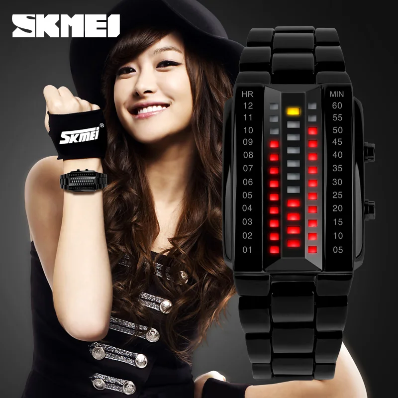Luxury Men\'s Wristwatch Waterproof Men Fashion Stainless Steel Red Binary Luminous LED Electronic Display Sport Watches SKMEI