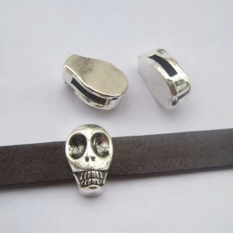 

10 Pcs Antique Silver Color 10x2mm Flat Skull Sliders For 10mm Leather Bracelet Jewelry Findings