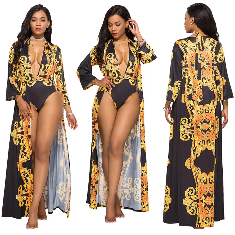 IASKY Retro print deep V neck one piece swimsuit+ beach cover ups set 2019 New sexy women swimwear bathing suit &cover up 2PCS/S