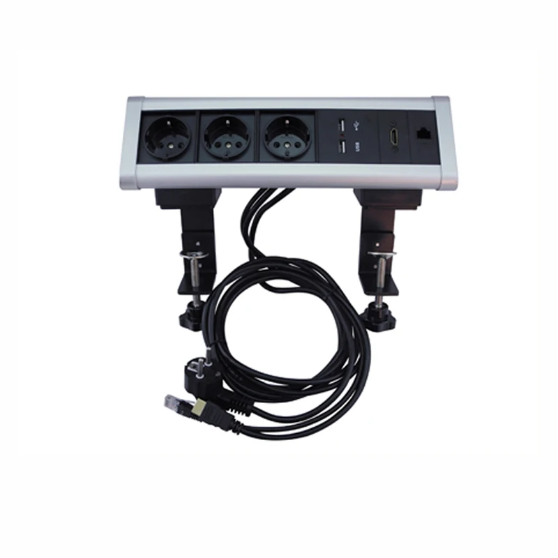 Countertop Movable Triangle Desktop Power Outlet Table Clamp Electrical Socket 3 EU Plugs 2 USB Charger Ports HDMI RJ45 Network