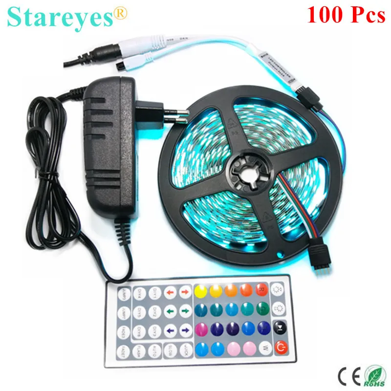 

100 Sets SMD 5050 60 LED / M 5M RGB LED Strip Ribbons tape single color IP20 Non waterproof strip+Remote/Switch+3A Power Adapter