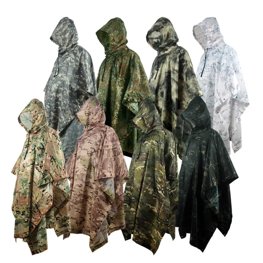 PU Breathable Camouflage Poncho Jungle Tactical Raincoat Bionic Birdwatching CS Hunting Ghillie Suit Travel Hiking Rain Gear