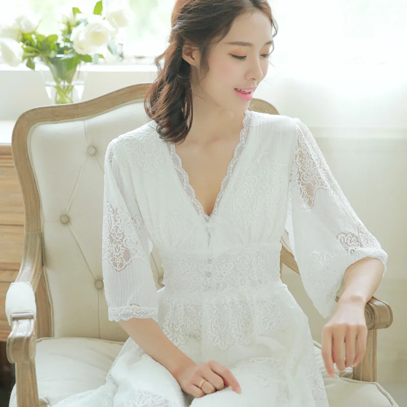 

Women Nightgown female sexy princess cotton long sleeve lace Summer Palace French court nightgown