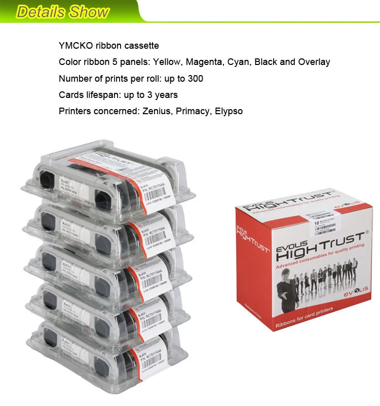 original Evolis R5F008S141 YMCKO ribbon cassette 300 prints 5 panels compatible for Zenius Primacy id card printers