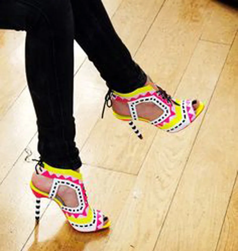 Hot Beading Spliced Heels Sandals Geometry Suede Patchwork Multi Beads Slingback Lace Up Sandals Peep Toe Stage Show Shoes