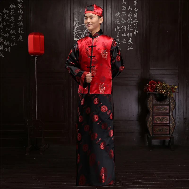 

Chinese style show men's suit groom pratensis long-sleeve tang suits long gown jacket wedding dress evening dragon Robe gown