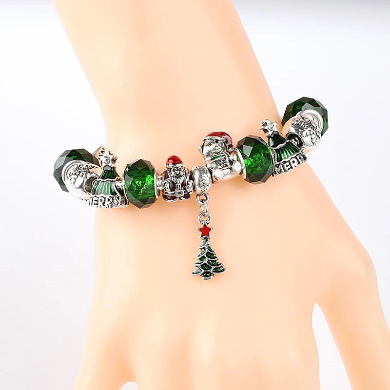 New Green Enamel Christmas Tree Charm Bracelet Silver Color Santa Bear Snowflake Beads Green Crystal Jewelry for Xmas Gift