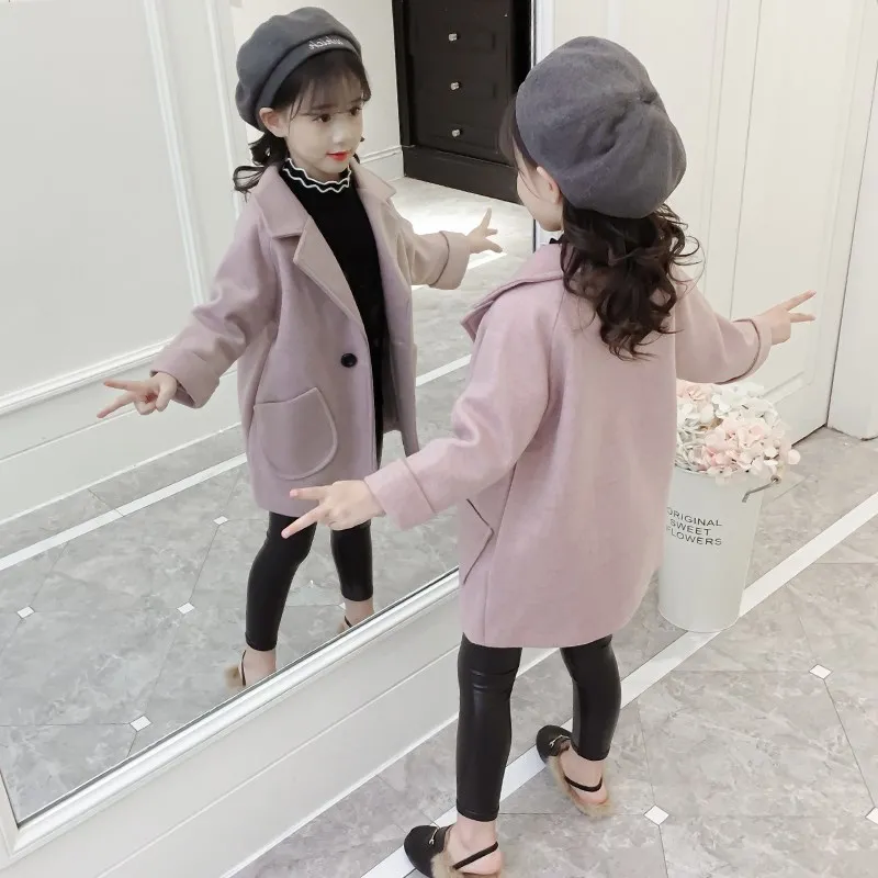 Hot Sale Girls Fall Winter Woolen Jacket Korean Trench Coat Children's Long Thickened Wool Outerwear Female Kids Overcoat X304