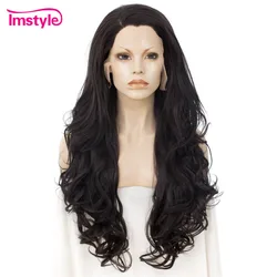 Imstyle Natural Black Synthetic Lace Front Wig Long Hair Wavy Wigs For Women Heat Resistant Fiber Daily Wigs