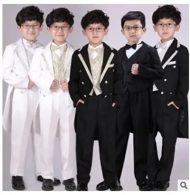 Fashion Style Tuxedo Suits Boys Clothes Set Kids Formal Wedding Blazer Swallow-tailed Coat Kids Party Bow Tie Clothing 5pcs/set