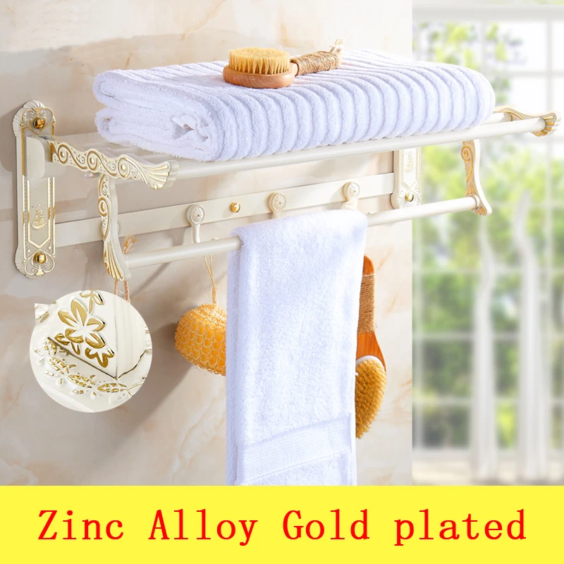 2 Type 60cm Simple towel rack shelf with hooks wall mounted, Zinc Alloy dual tier towel rack, Gold plated wall bathroom shelves