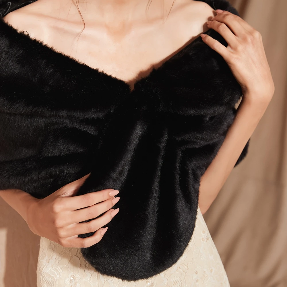 100% Real Pictures Black Winter Women Jacket Faux Fur Wedding Shawl Bridal Fur Stole Shawl Party Cape Shrug High Quality