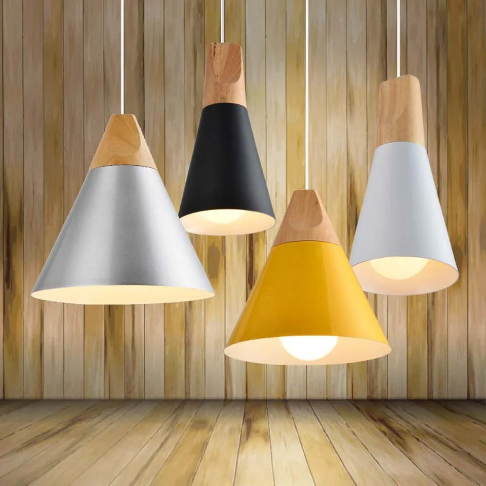 Simple Creative Three Color Wood Aluminum Cone Pendant Light Natural Fresh Countryside Coffee Bar Pendant Light  Free Shipping