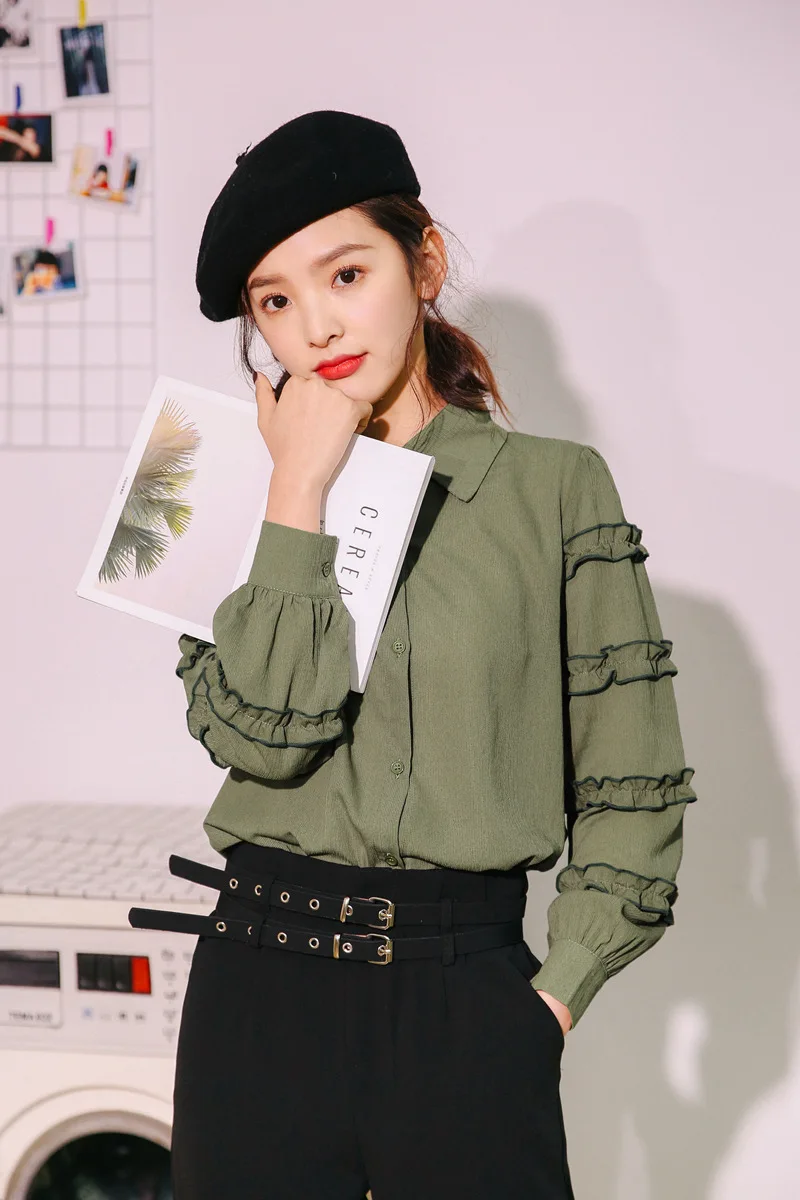 Spring New Green Chiffon Shirt Women Korean Temperament Chic Long Sleeve Blouse Girl Loose Solid Color Preppy Style Top H9169