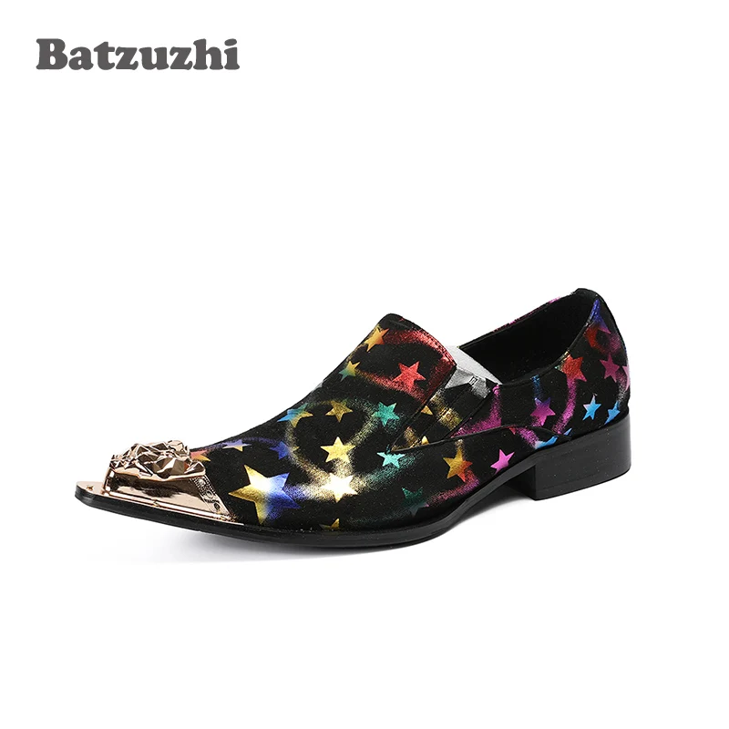 Batzuzhi Luxury Men Shoes Gold Metal Tip Leather Dress Shoes Black Suede with Color Stars Rock Party and Wedding Dress Shoes