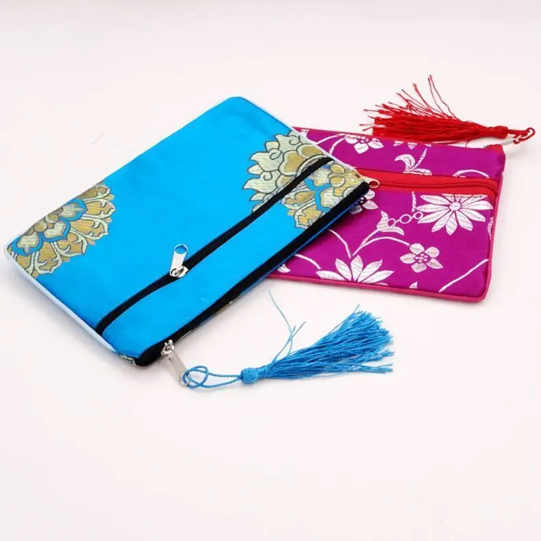 30pcs Tassel Large Double Zipper Coin Purse  Travel Cosmetic Makeup Bag Women Phone Wallet Chinese Silk Brocade Jewelry Pouches