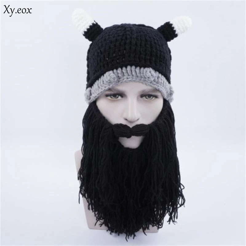 

Barbarian Viking Beanie Beard Horn Hat Handmade Knit Winter Warm Cap Birthday Cool Funny Gag Party Xmas Gifts Bearded Mask Hat