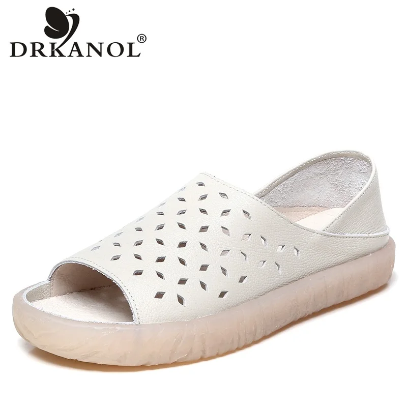 DRKANOL Summer Women Sandals Peep Toe Slip On Flat Sandals Women Casual Shoes Natural Cow Leather Retro Women Gladiator Sandals