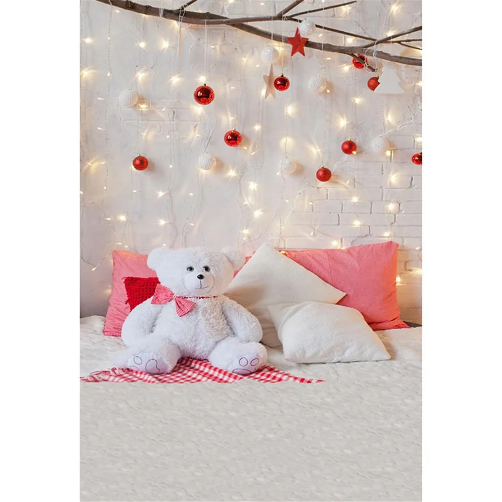 

Indoor White Brick Wall Baby Shower Backdrop Printed Red Balls Sparkling Lights Toy Bear Kids Children Photo Studio Backgrounds