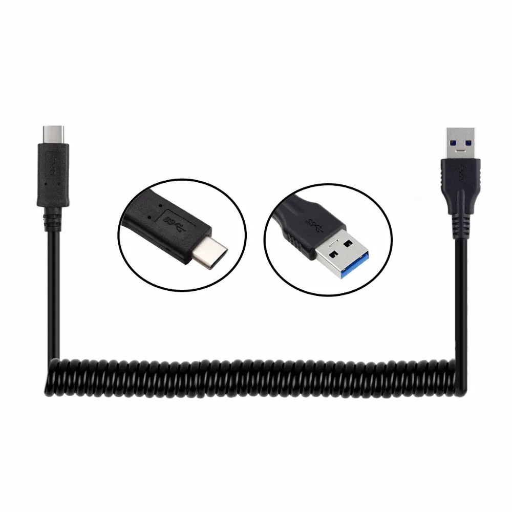 USB 3.1 Type C USB-C Cable USB 3.0 A Male Data Stretch Charged Cable for Tablet Mobile Phone Laptop Hard Disk Drive 100cm Black