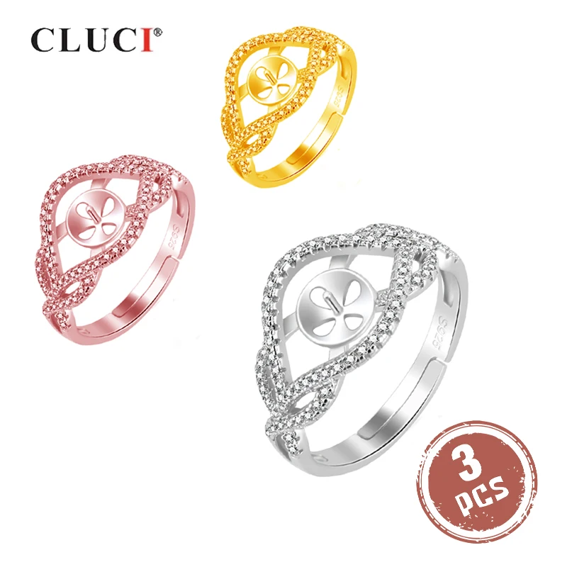 

CLUCI 3pcs Silver 925 Eye Shaped Zircon Rings for Women Pearl Ring Mounting 925 Sterling Silver Adjustable Rings SR2117SB