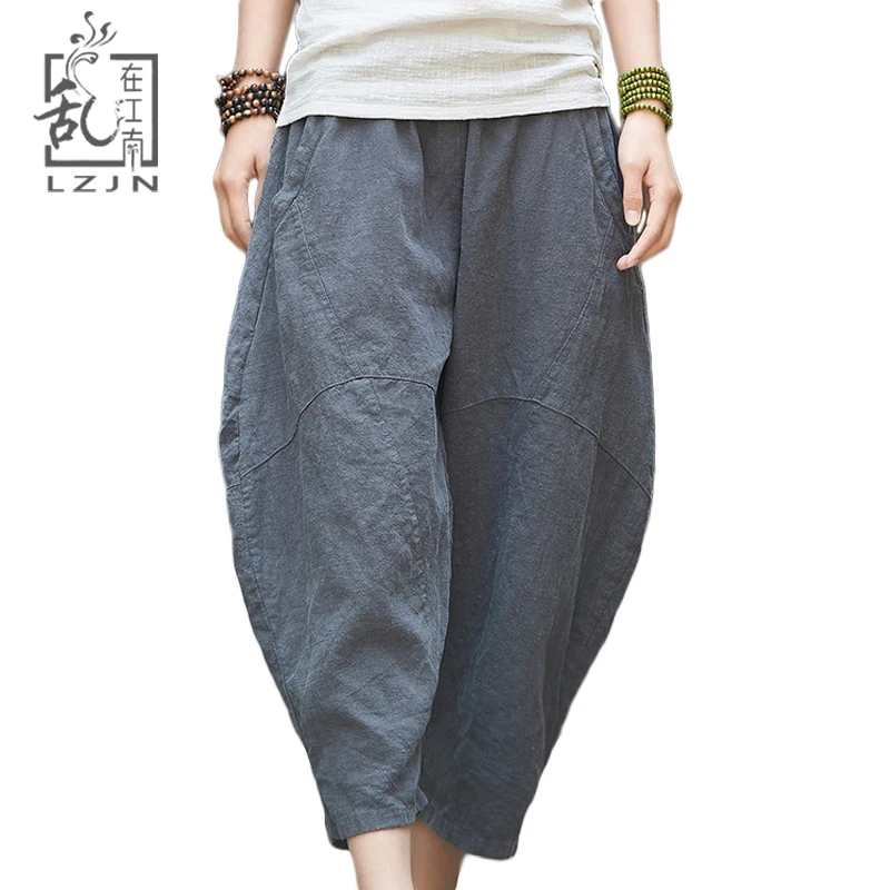 LZJN Loose Capri Pants for Women Summer Patchwork Linen Trousers Elastic Waist Ladies Bloomers Hippie Baggy Harem Pants