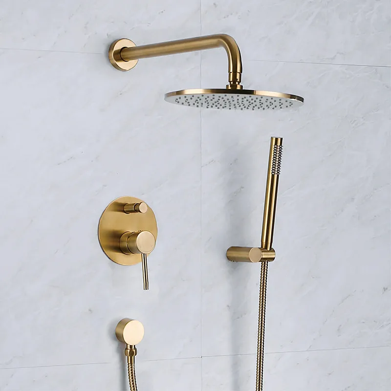 

Brass Bathroom Shower Faucet Set Brushed Gold Rainfall Ceiling Wall Mounted Copper Bathtub Mixer Tap 8-10" Head With Handheld