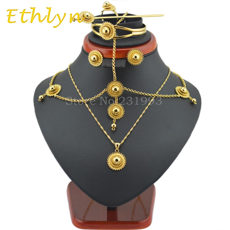 

Ethlyn famous brand gold wedding Traditional Ethiopian 6pcs jewelry sets Gold Color African bridal Habesha jewelry setsS48