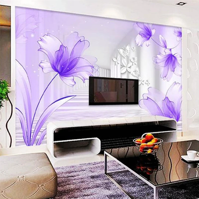 Papier peint photo 3D personnalisé pour murs, fleurs violettes, couloir blanc, moderne, minimaliste, créatif, chambre à coucher, toile de fond TV