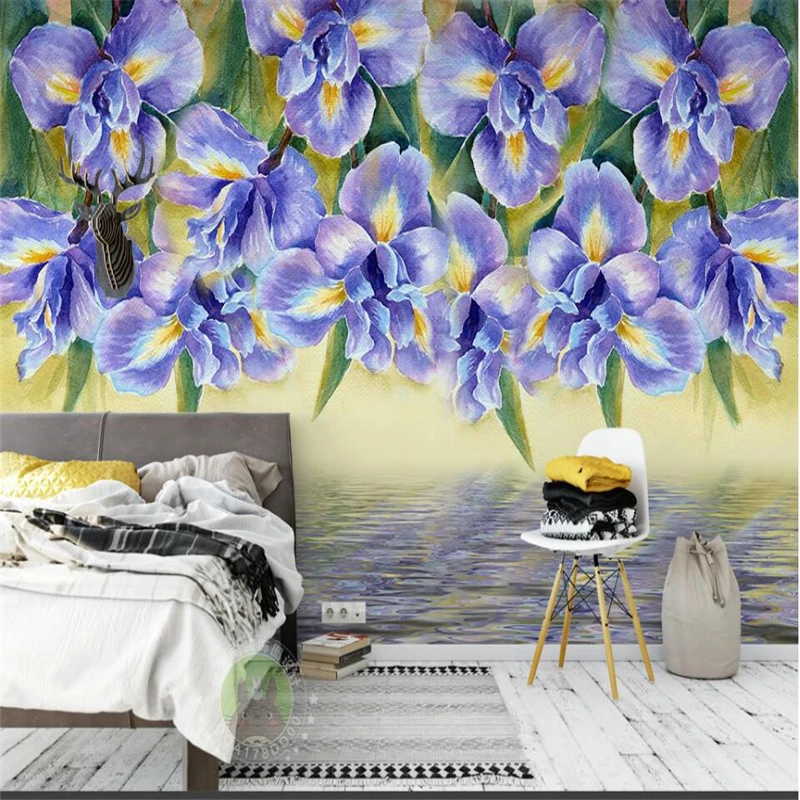 beibehang papel de parede Modern simple lily flower orchid living room TV backdrop custom large mural green wallpaper