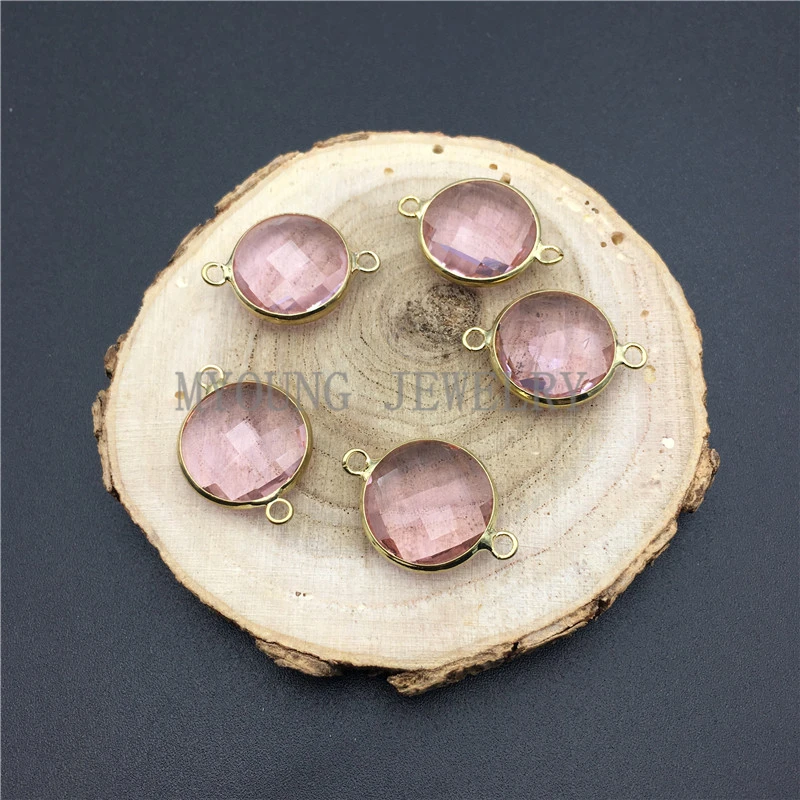 

Faceted Round Pink Glass Crystal Connector Charm,Gold-Plated Pendant For Jewelry Making MY0936