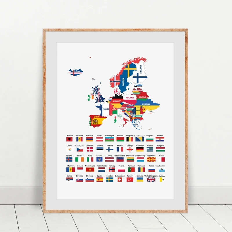 Impresiones de todas las banderas nacionales europeas, póster de lienzo de arte de pared, mapa creativo de Europa mezclado con banderas de países, Pintura Artística, decoración del hogar