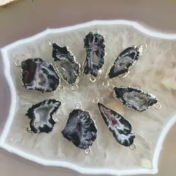 10pcs Nature Black Quartz Geode Gem Stone Connectors, Silver Color Crystal Drusy Geode Pendant Beads Findings