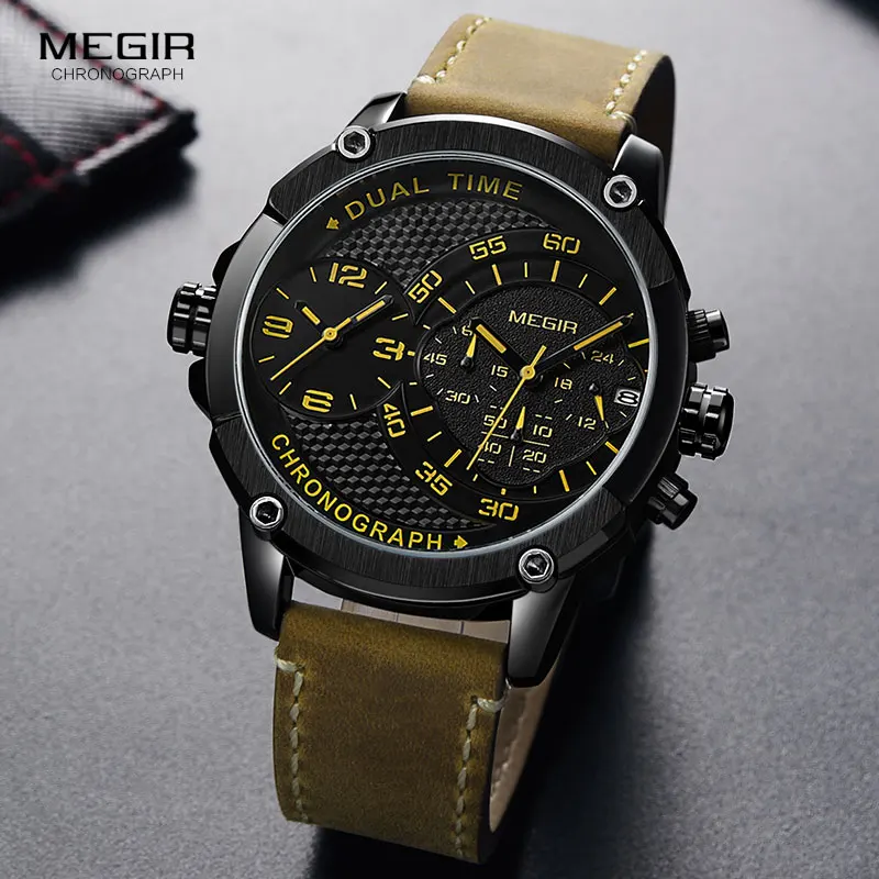 MEGIR Men\'s Double Time Zone Chronograph Quartz Watches Waterproof Lumious Leather Band Army Sports Wristwatch for Man 2093G-BK