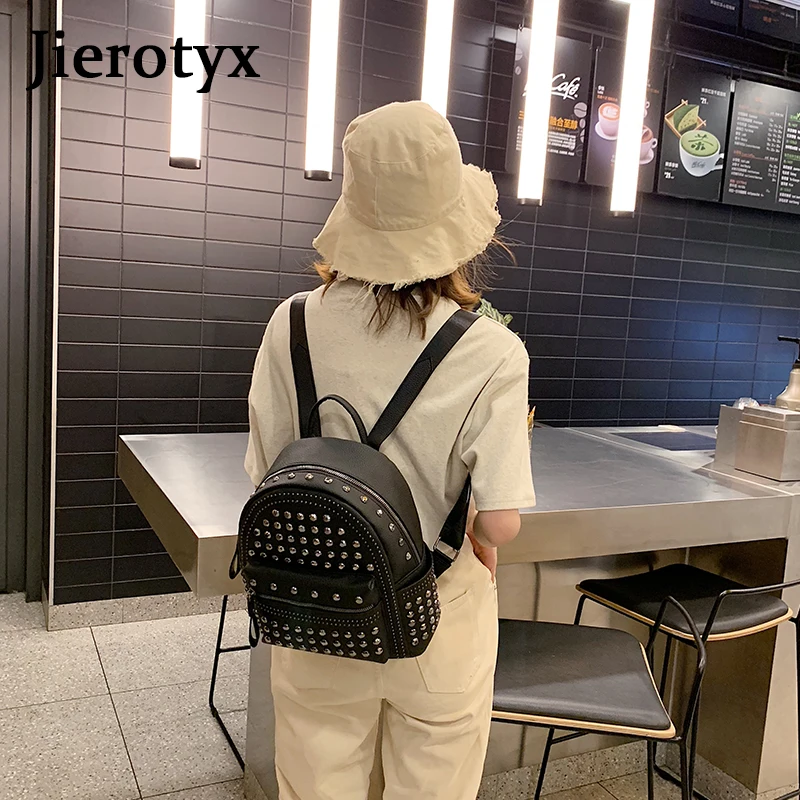 JIEROTYX 2021 New Arrival Preppy Leisure Backpack Womens Casual Daypacks Women Soild Zipper Rivet Shoulder Bags Soild Hot Sale