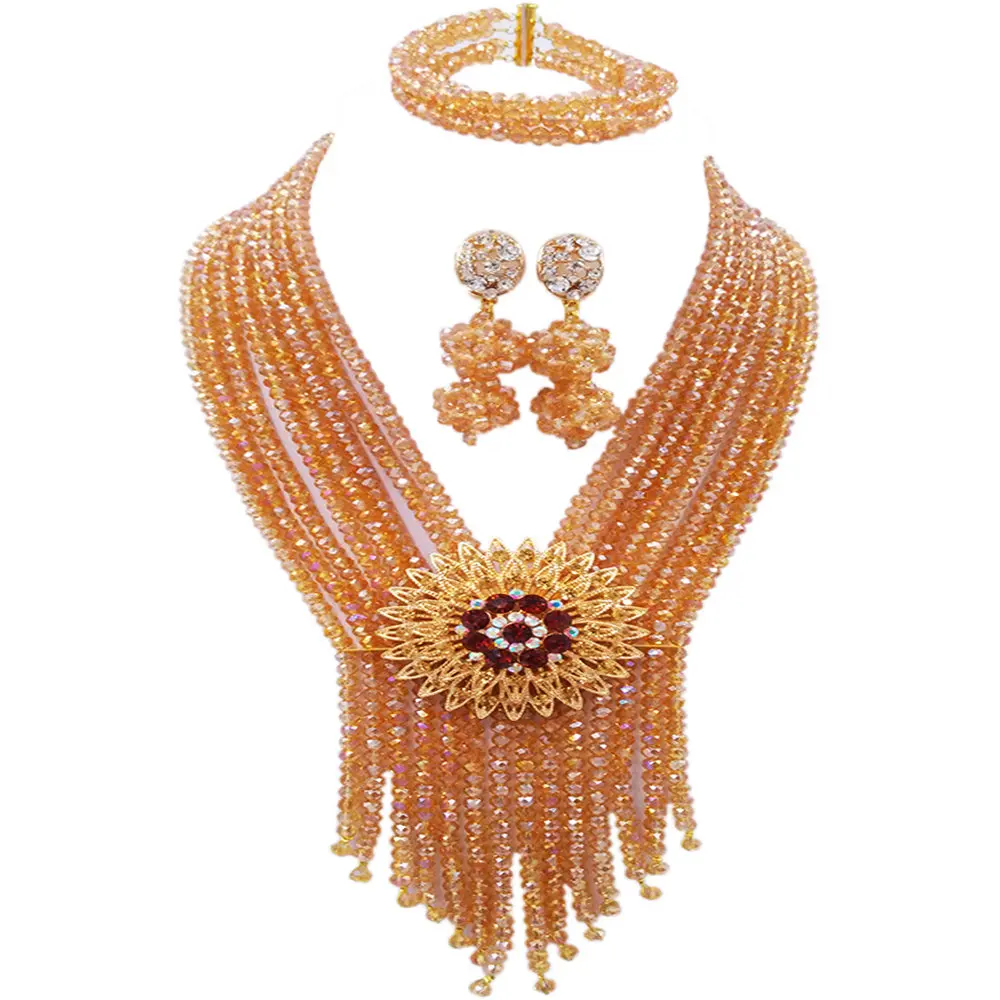 

Fashion Champagne Gold AB African Jewelry Set Crystal Nigerian Beads Wedding Necklace Bridal Jewelry Sets for Women 8SK02