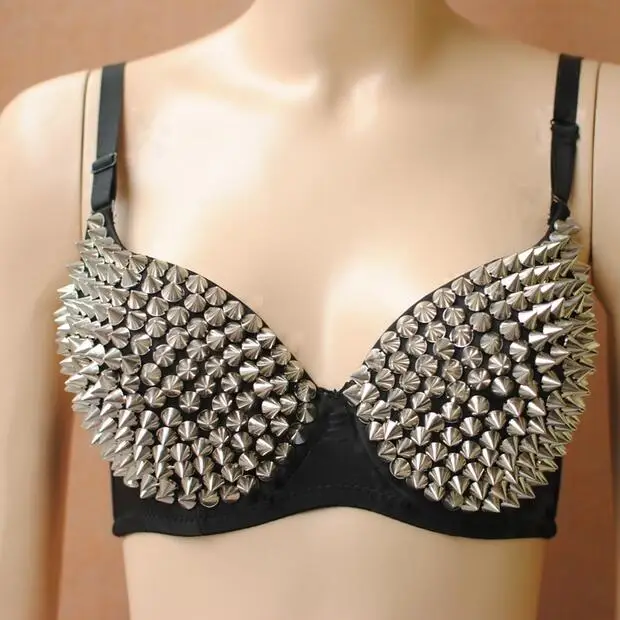 Nightclub Performance Bra Metal Rivet Stage DJ Pole Dance Women Pumk Spikes Tops