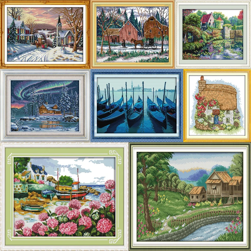 Joy Sunday Cross Stitch Kit DMC Needlework Embroidery Kit 11ct 14ct Winter Street Landscape Cross Stitch Patterns DIY Handwork