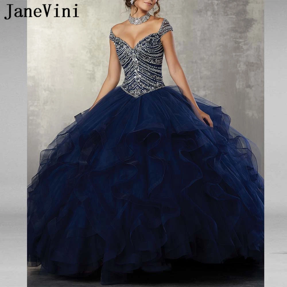 JaneVini 2019 elegancki granatowy niebieskie sukienki quinceanera suknie balowe z dekoltem w kształcie litery V ciężkie koraliki Ruffles Puffy Tulle księżniczka suknie Vestidos 15