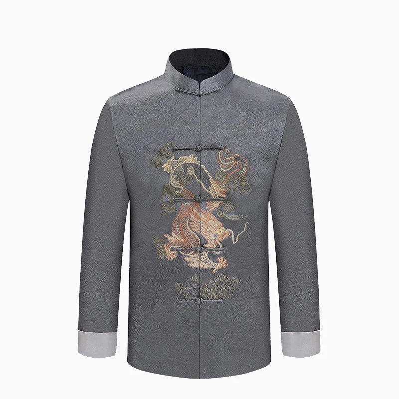 New Male Satin Outwear Chinese Style Embroidery Dragon Jacket Men Double Breasted Kung Fu Coat M L XL XXL XXXL